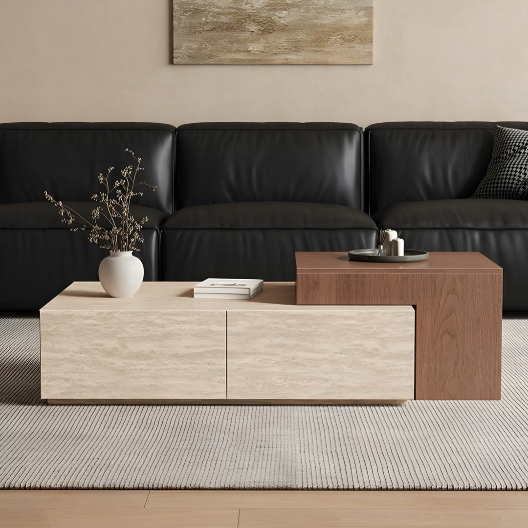MUKUN Travertine Storage Coffee Table