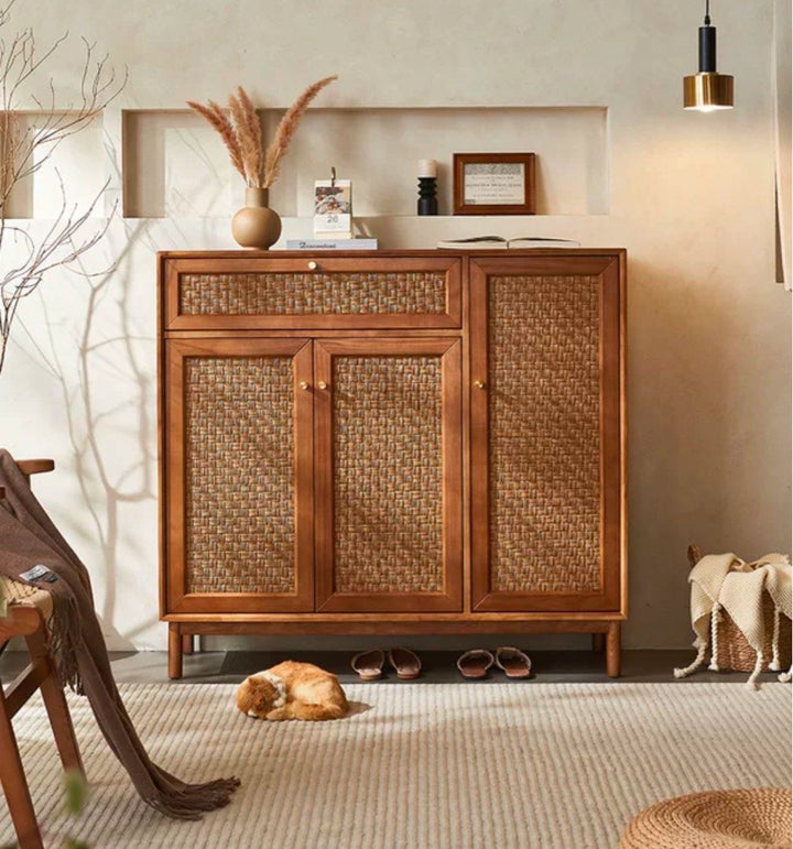 CARHIO Vintage Rattan Shoe Cabinet