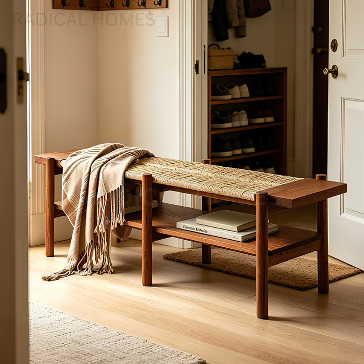 ELAINA Rustic Rattan Bench