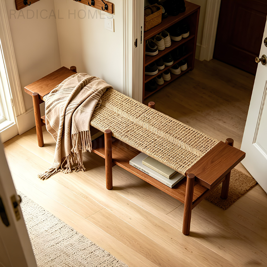 ELAINA Rustic Rattan Bench