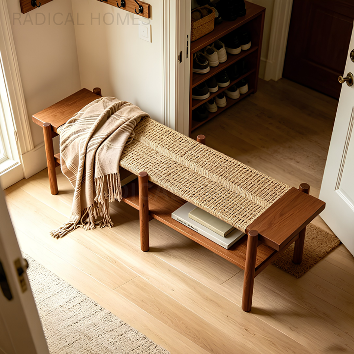 ELAINA Rustic Rattan Bench