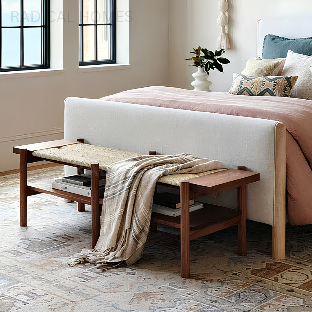 ELAINA Rustic Rattan Bench