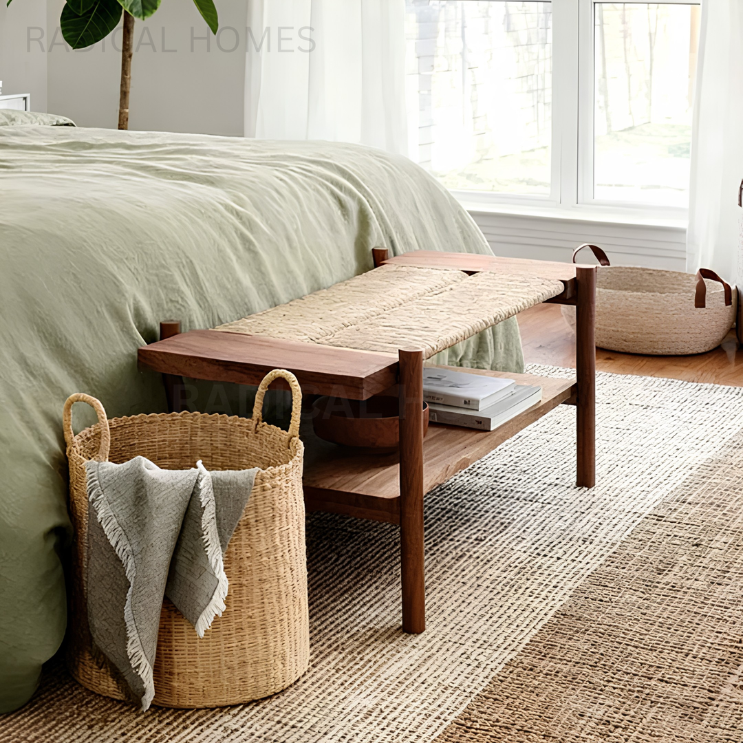 ELAINA Rustic Rattan Bench