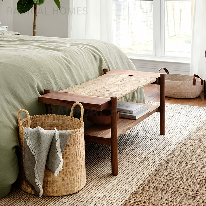ELAINA Rustic Rattan Bench