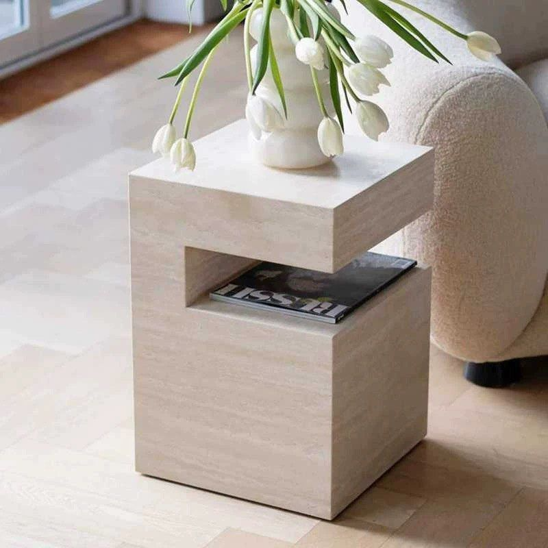 HYREA Modern Travertine Side Table