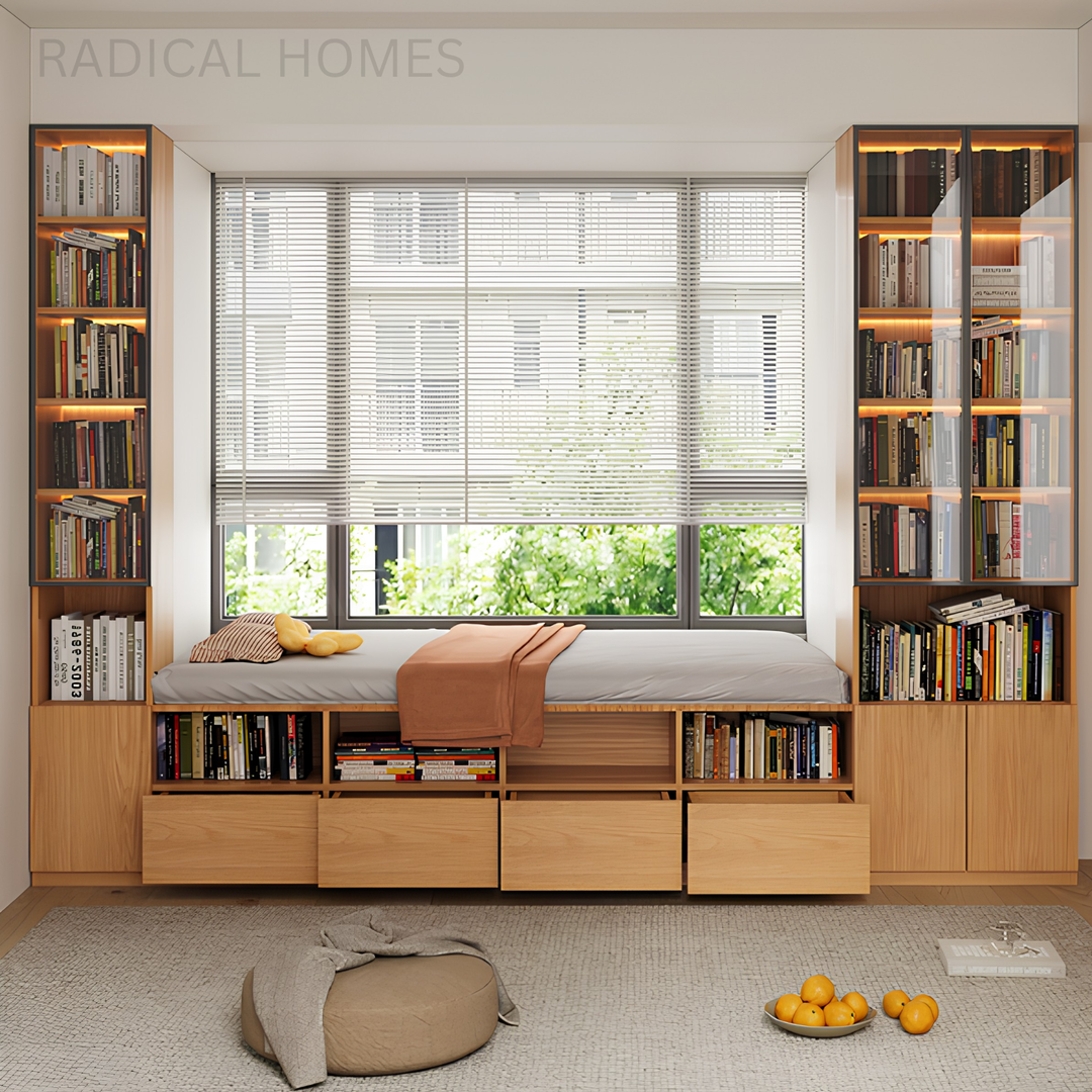 CASPIAN Modern Solid Wood Baywindow Ottoman & Cabinet