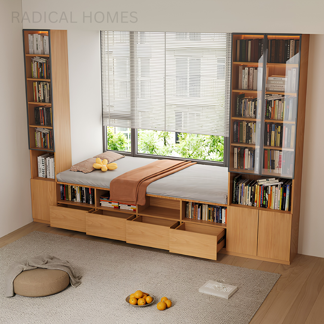 CASPIAN Modern Solid Wood Baywindow Ottoman & Cabinet