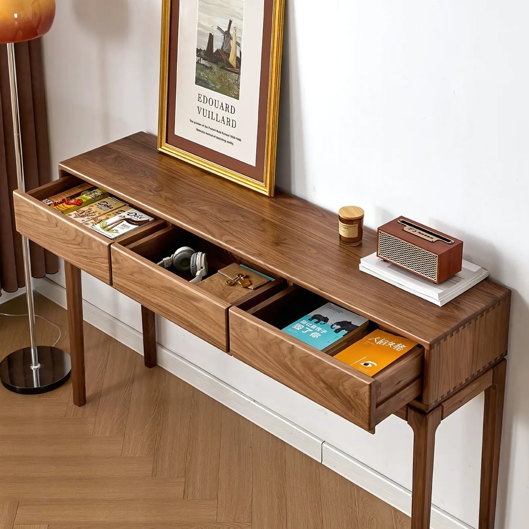 DAMA Modern Walnut Wood Console Table With Drawers