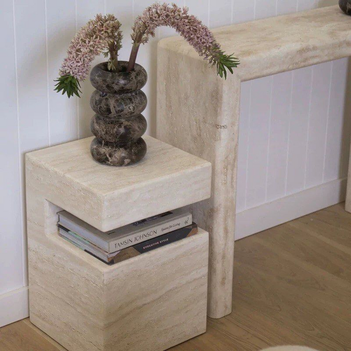 HYREA Modern Travertine Side Table