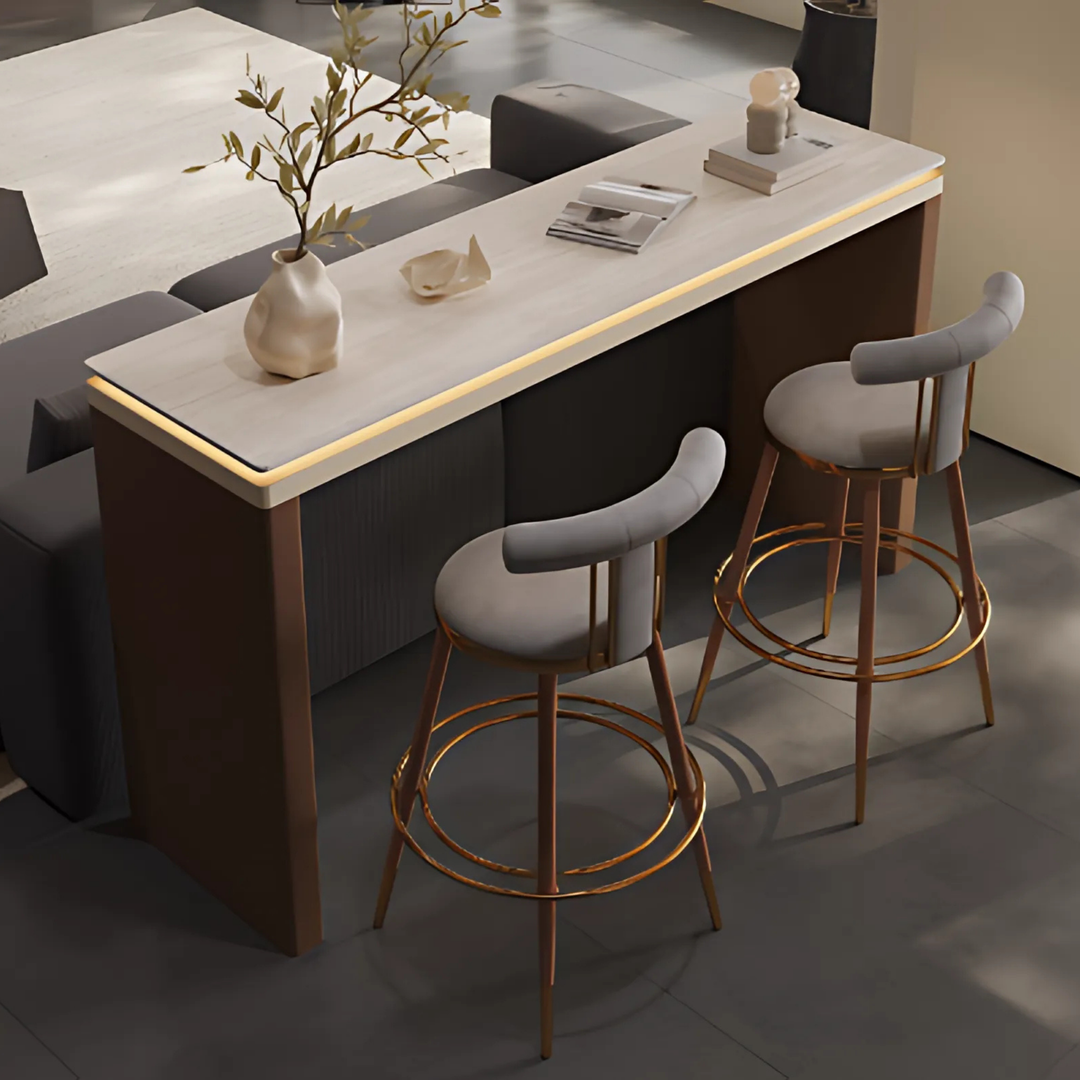 VIONA Modern Travertine &amp; Saddle Leather Bar Table