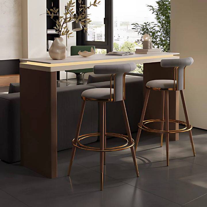 VIONA Modern Travertine &amp; Saddle Leather Bar Table