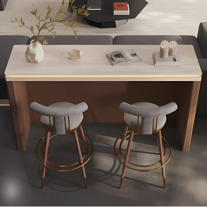 VIONA Modern Travertine &amp; Saddle Leather Bar Table