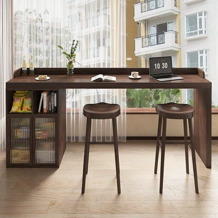 JOKIUN Modern Solid Wood Bar Table With Storage