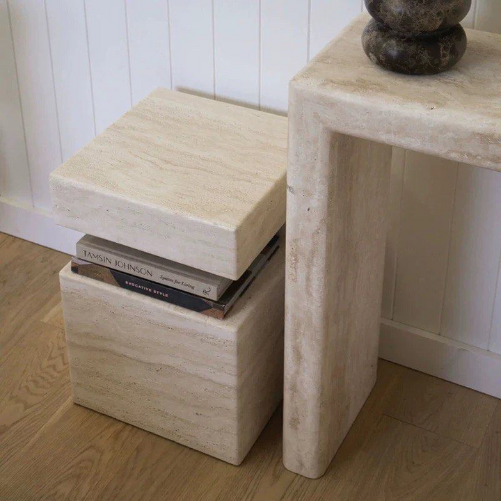 HYREA Modern Travertine Side Table
