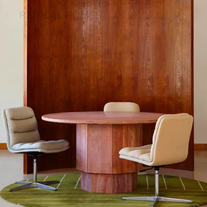 OFIEN Modern Red Travertine Round Dining Table - Radical Homes Singapore
