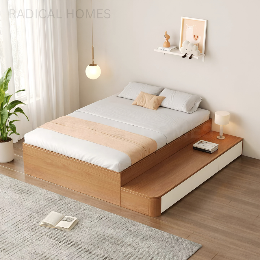 QUINTOS Japandi Solid Wood Storage Bedframe - Radical Homes Singapore