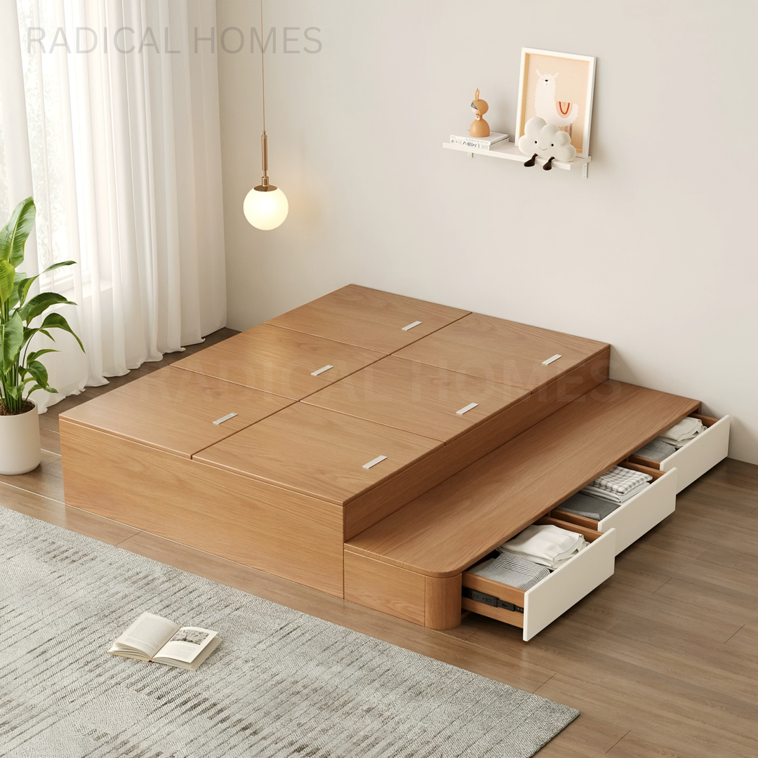 QUINTOS Japandi Solid Wood Storage Bedframe - Radical Homes Singapore