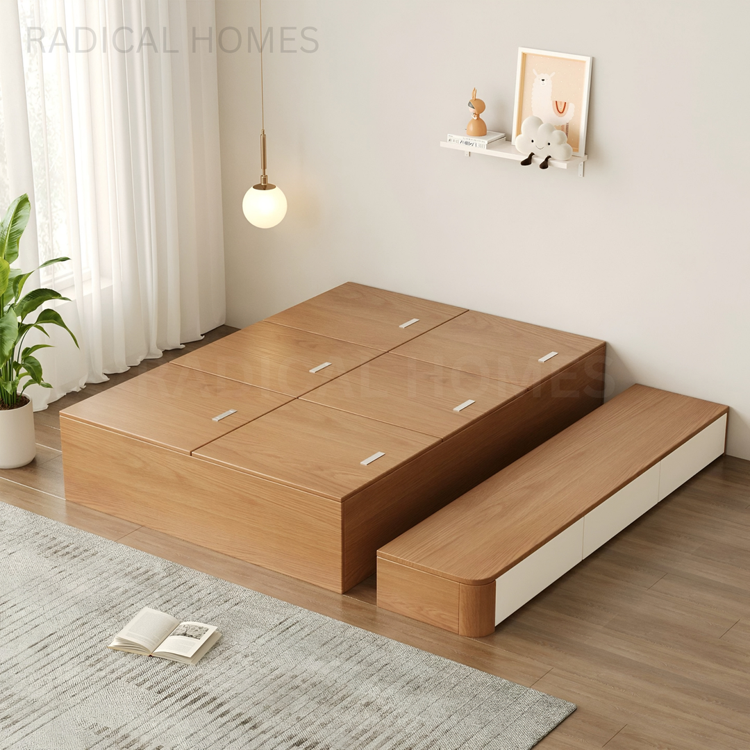 QUINTOS Japandi Solid Wood Storage Bedframe - Radical Homes Singapore