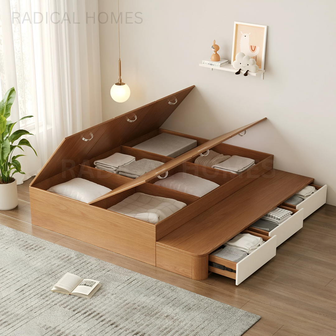 QUINTOS Japandi Solid Wood Storage Bedframe - Radical Homes Singapore