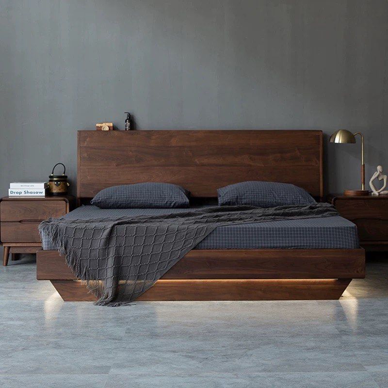 ASSON Solid Walnut Wood Storage LED Bedframe