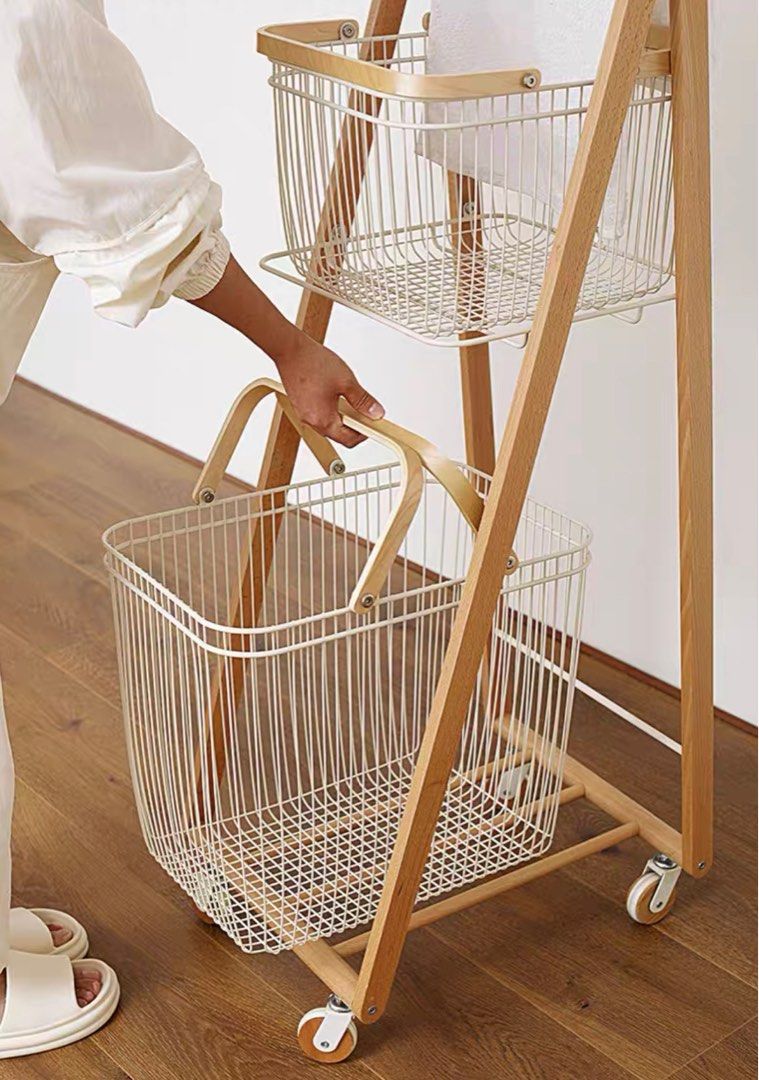 DEO Solid Wood Laundry Basket With Wheels
