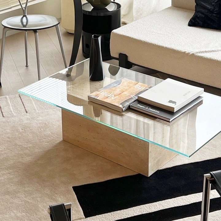 GARBRANDT Modern Travertine Glass Coffee Table