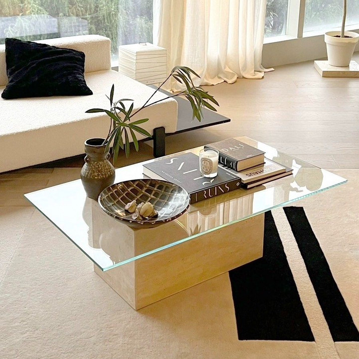 GARBRANDT Modern Travertine Glass Coffee Table