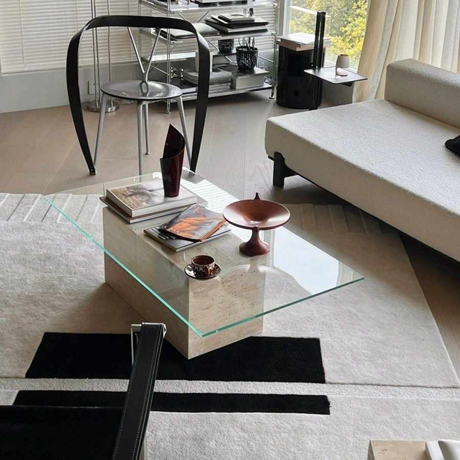 GARBRANDT Modern Travertine Glass Coffee Table