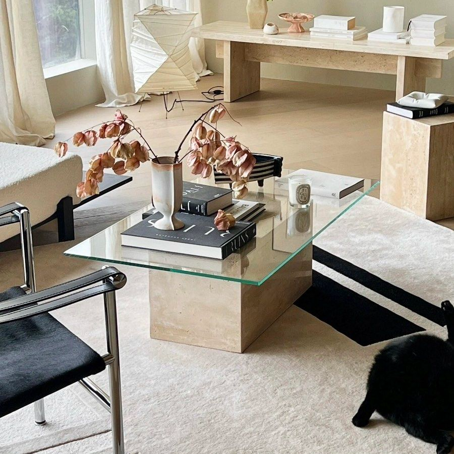 GARBRANDT Modern Travertine Glass Coffee Table