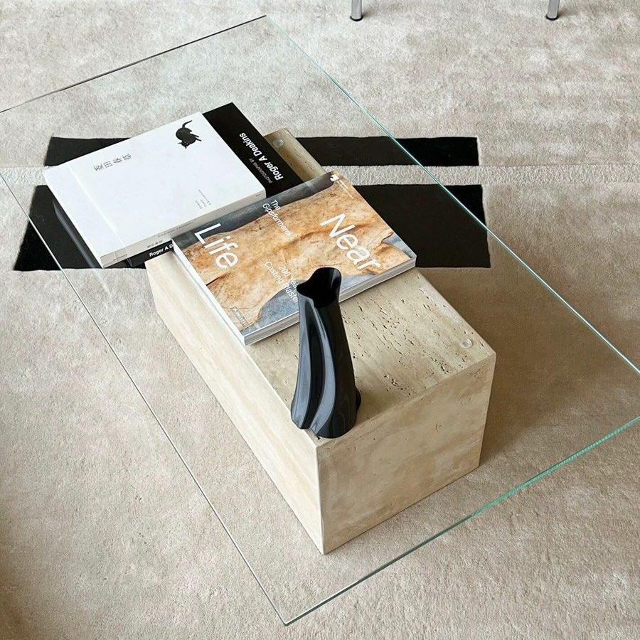 GARBRANDT Modern Travertine Glass Coffee Table