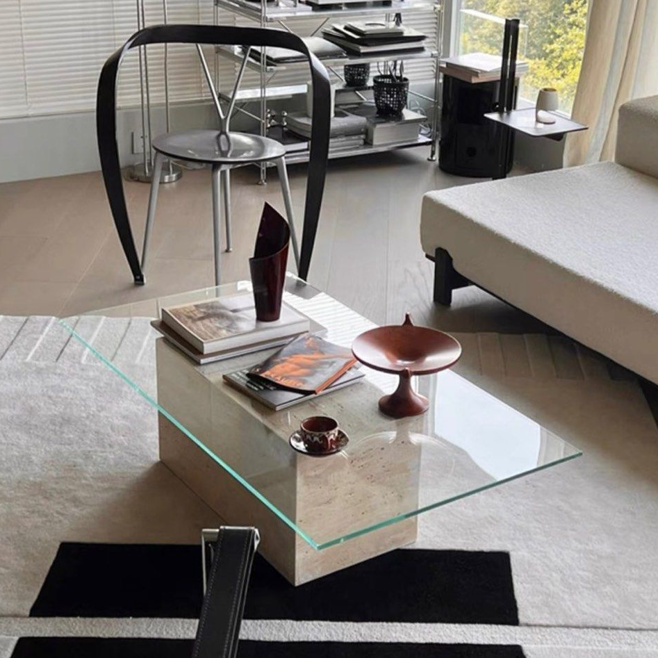 GARBRANDT Modern Travertine Glass Coffee Table