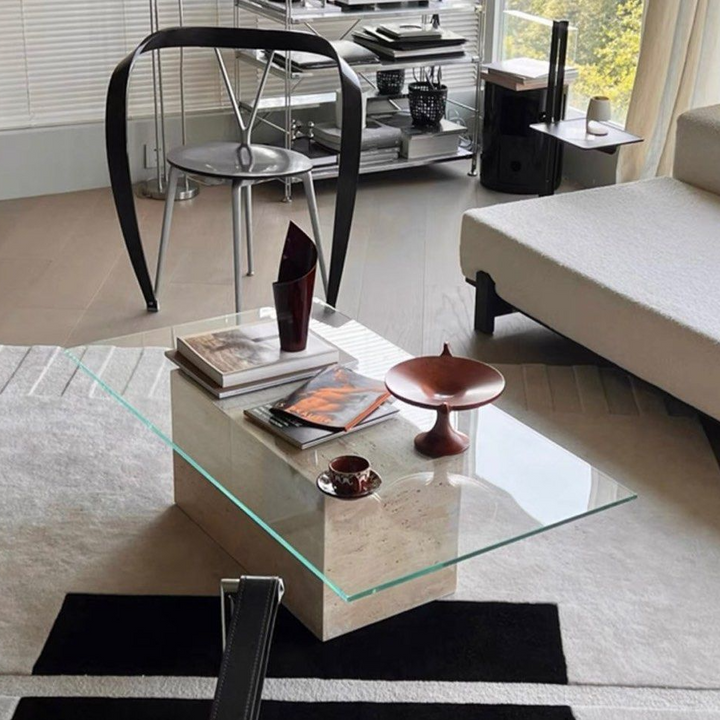 GARBRANDT Modern Travertine Glass Coffee Table