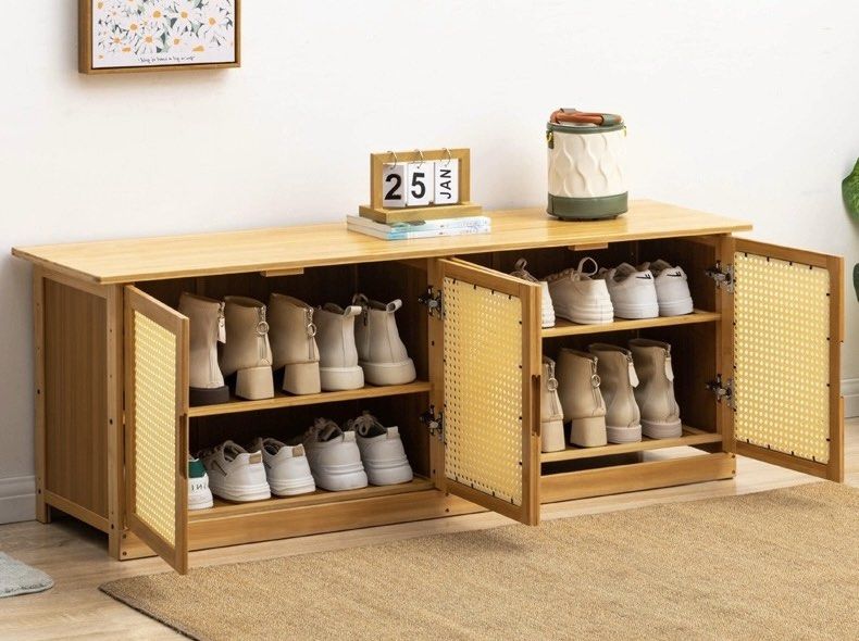 HALSTON Rustic Rattan Shoe Bench