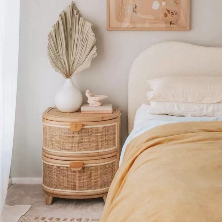 HOSZIE Japandi Rattan Bedside Table