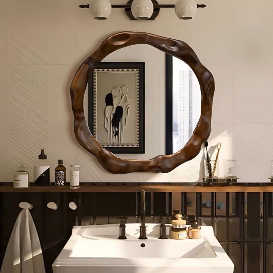 JAVX Modern Irregular Walnut Wall Mirror