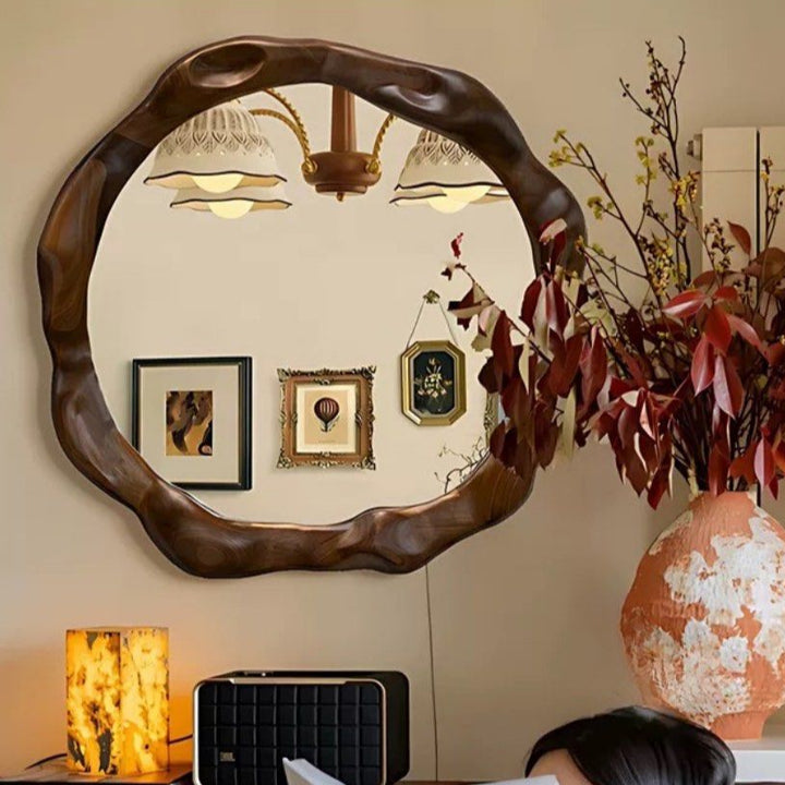 JAVX Modern Irregular Walnut Wall Mirror