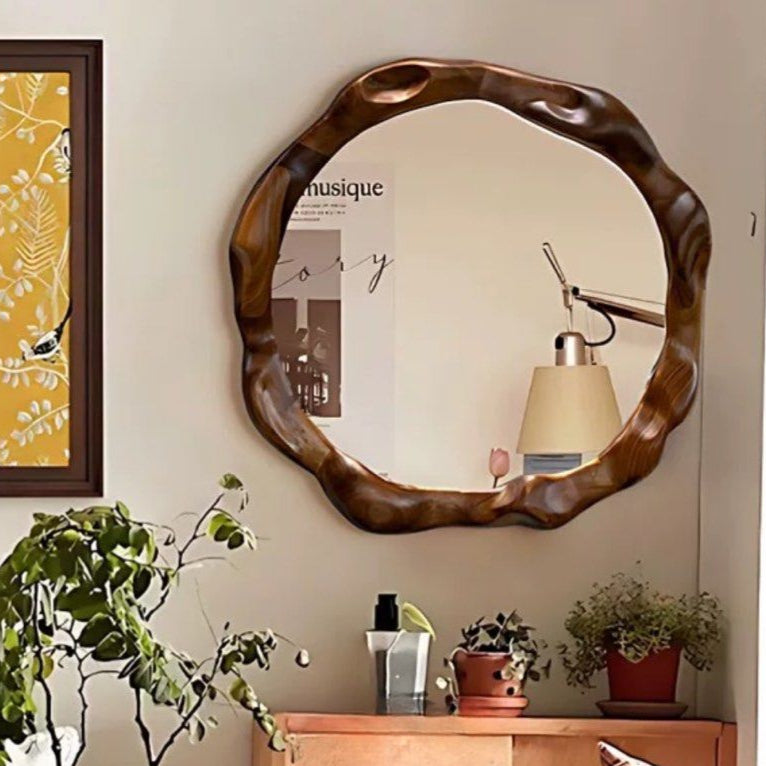 JAVX Modern Irregular Walnut Wall Mirror