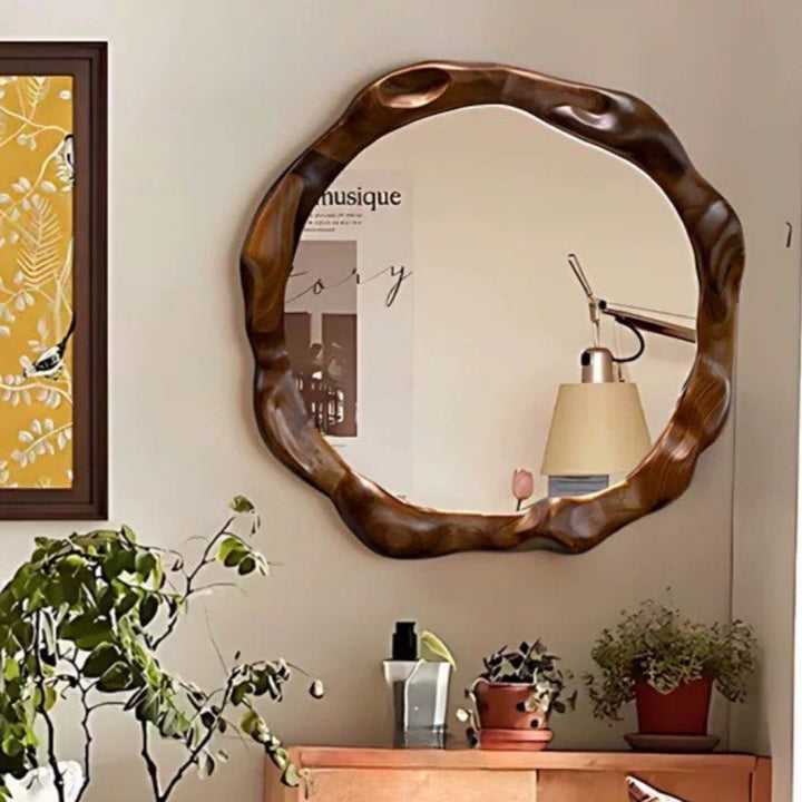 JAVX Modern Irregular Walnut Wall Mirror