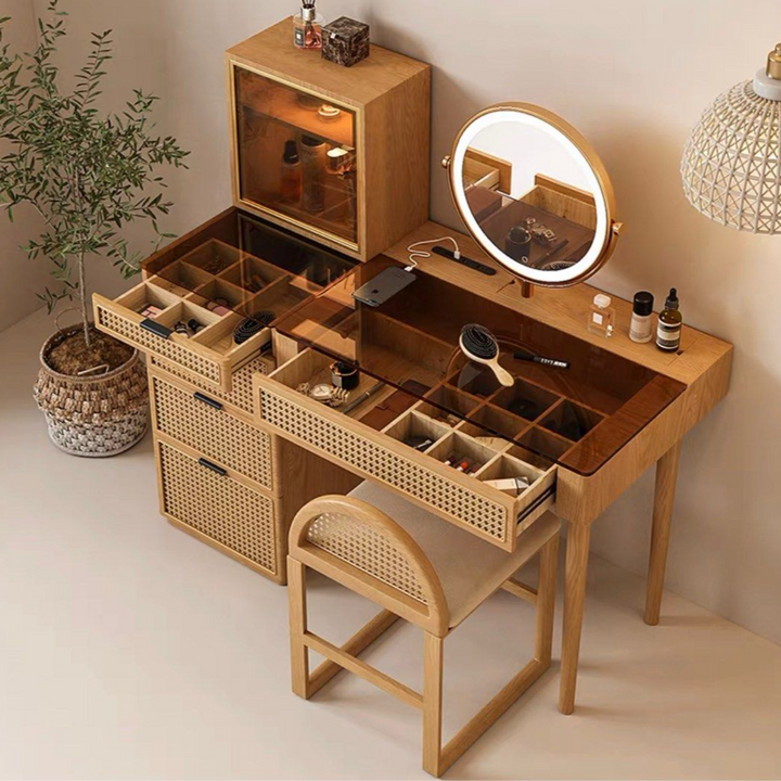 ROZA Modern Oak Wood Vanity Table Set