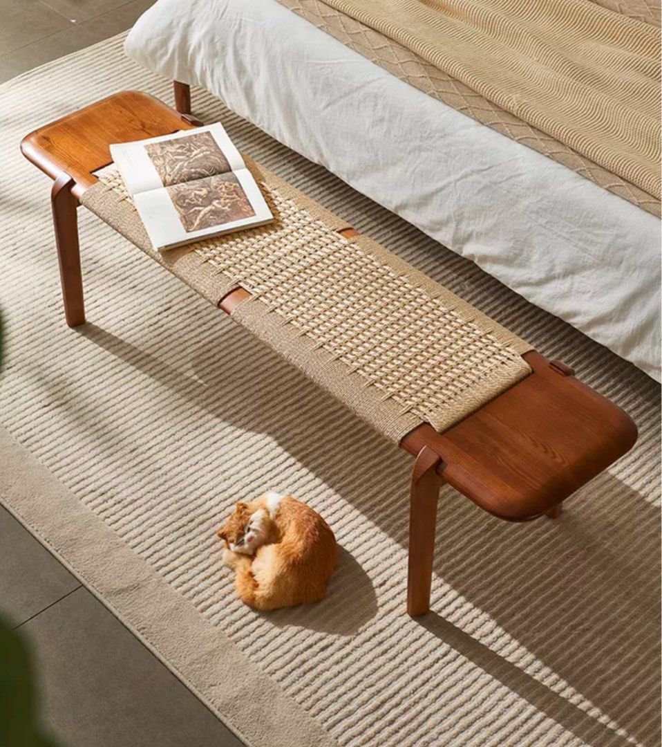 ALOSIEN Vintage Rattan Bench